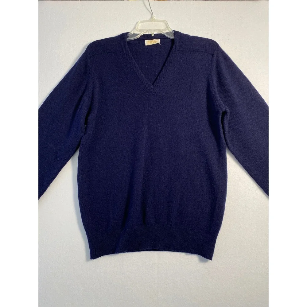 Vintage 100% Pure Cashmere V-Neck Sweater Navy Blue Made in Scotland Mens Sz M/L